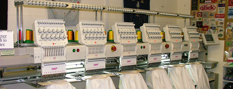 Row of six-head SWF embroidery machines